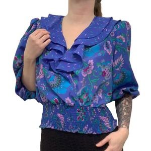 Vintage 80s Susan Tudor Womens Small Ruffled Crop Blue Paisley Sprinkles